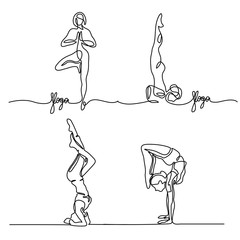 Set Continuous line drawing. Woman doing exercise in yoga pose. Vector Illustration