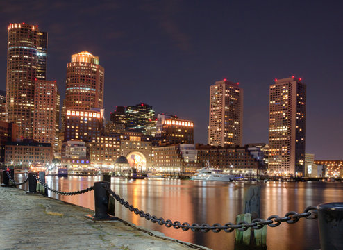Boston Skyline from Downtown Harborwalk at Night