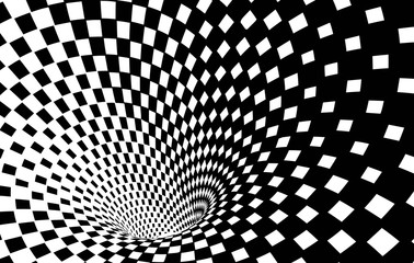 Geometric Black and White Abstract Hypnotic Worm-Hole Tunnel - Optical Illusion - Vector Illusion Checkered Op Art
