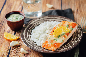 Salmon with Garlic Lemon Butter Sauce and rice