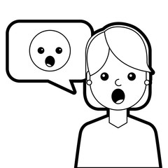 young woman with emoticon surprised in speech bubble vector illustration line design