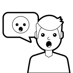 man with surprised emoticon in speech bubble vector illustration line design