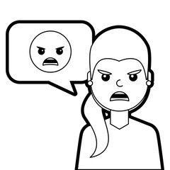 young woman with angry emoticon in speech bubble vector illustration line design