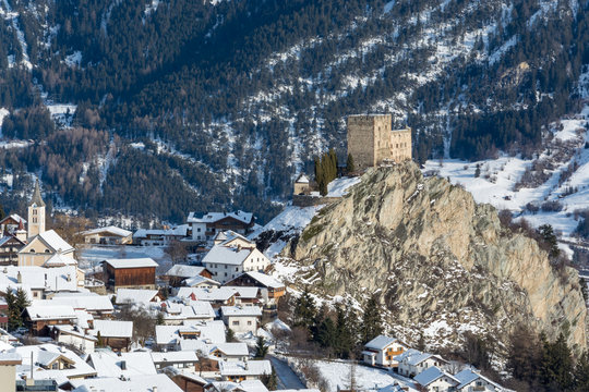 View on the castle in the small village Ladis in ski resort Serfaus Fiss Ladis in Austria
