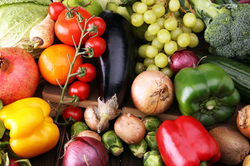 Composition with variety of raw organic vegetables and fruits. Balanced diet