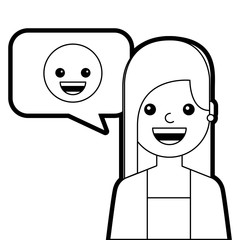 young woman with smile emoticon in speech bubble vector illustration line design