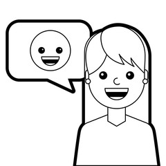 young woman with smile emoticon in speech bubble vector illustration line design