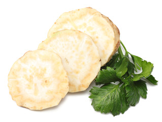 celery root with leaf isolated on white background. Celery isolated on white. Healthy food