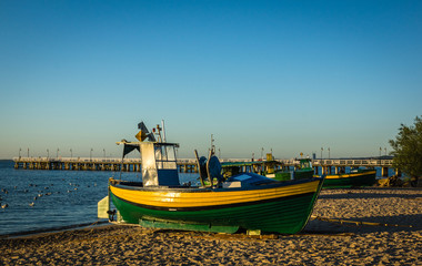 Fishing boats on the beach by the Baltic sea, Gdynia, Poland