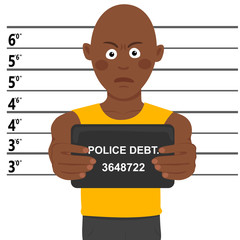 Arrested african american man posing for mugshot holding signboard