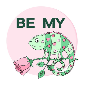 A colorful chameleon with hearts on the skin sits on a rose. Car