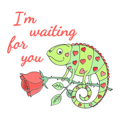 A colorful chameleon with hearts on the skin sits on a rose. Car