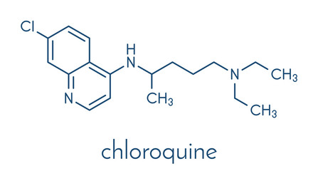 Chloroquine malaria drug molecule. Used to treat and prevent malaria. Also used for antiviral and immunosuppressant properties. Skeletal formula.