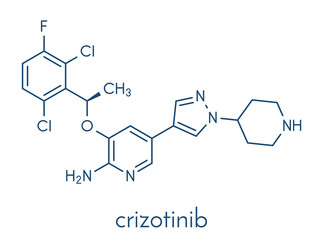 Crizotinib anti-cancer drug molecule. Inhibitor of ALK and ROS1 proteins. Skeletal formula.