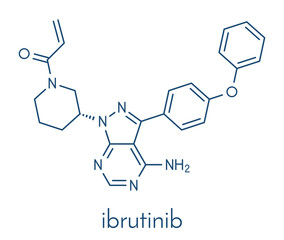 Ibrutinib cancer drug molecule. Used in treatment of mantle cell lymphoma and chronic lymphocytic leukemia (CLL). Skeletal formula.