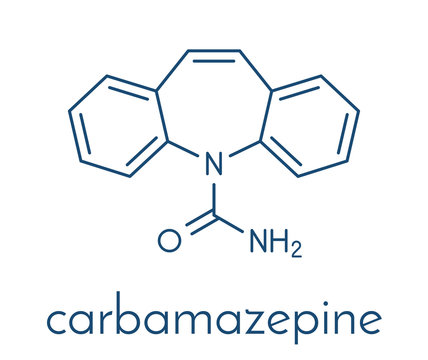 Carbamazepine anticonvulsant and mood stabilizing drug molecule. Used to treat epilepsy (convulsions), bipolar disorder and a number of other diseases. Skeletal formula.