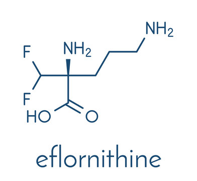 Eflornithine drug molecule. Used to treat facial hirsutism (excessive hair growth) and African trypanosomiasis (sleeping sickness). Skeletal formula.