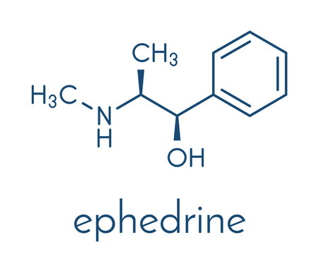 Ephedrine stimulant drug molecule. Alkaloid found in Ephedra plants. Used as stimulant, appetite suppressant, decongestant, etc. Skeletal formula.