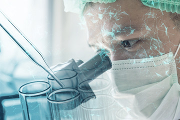 double exposure of scientist or doctor using microscope with science laboratory test tube