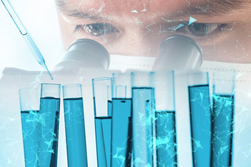 double exposure of scientist or doctor using microscope with science laboratory test tube