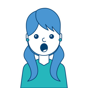 portrait surprised young woman face expression cartoon vector illustration blue and green design