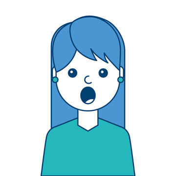 portrait surprised young woman face expression cartoon vector illustration blue and green design