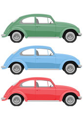 Fototapeta na wymiar Multicolored retro cars on white background. Vintage car in a realistic style, side view