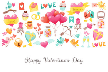 Background template for Valentine's Day celebration. Isolated Valentine Day objects. Cute birds, hearts, sweets, gifts and more. EPS10 vector illustration.