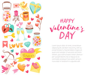Background template for Valentine's Day celebration with design elements and text. Collection of isolated Valentine Day objects. Cute birds, hearts, sweets, gifts and more. EPS10 vector illustration.