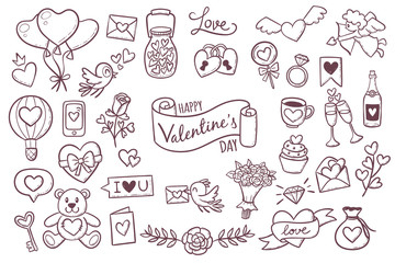 Set of cute hand drawn elements about love. Design elements isolated on white. Happy Valentine's Day background. EPS 10 vector illustration.