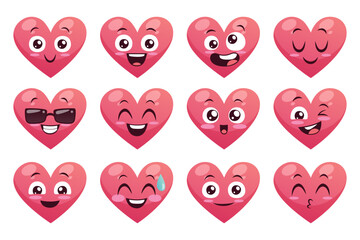 Collection of funny heart emoticons isolated on white background. Cartoon style. EPS 10 Vector illustration. Set 1 of 2.