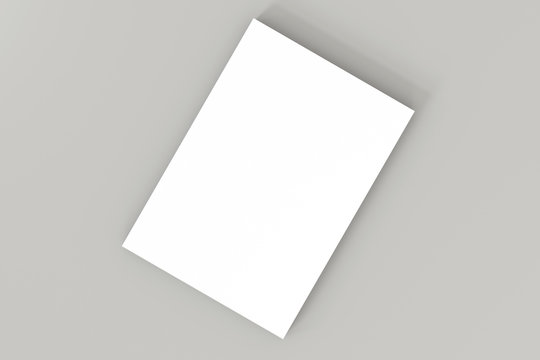 Stack of white blank A4 paper on gray background. High resolution 3d render. Personal branding mockup template. Soft shadow. Top view.