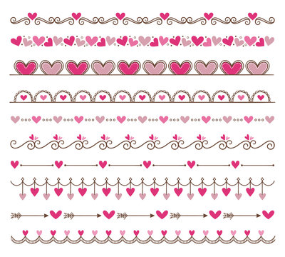 Collection of cute hand drawn vintage borders. Valentine's day special pack design elements. Perfect for Valentine's day invitation cards and page decoration. Vector illustration.