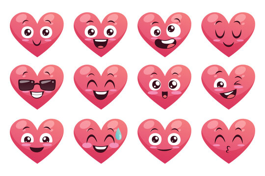 Collection of funny heart emoticons isolated on white background. Cartoon style. EPS 10 Vector illustration. Set 1 of 2.