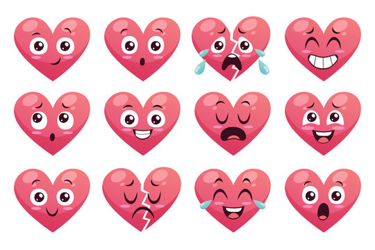 Collection of funny heart emoticons isolated on white background. Cartoon style. EPS 10 Vector illustration. Set 2 of 2.