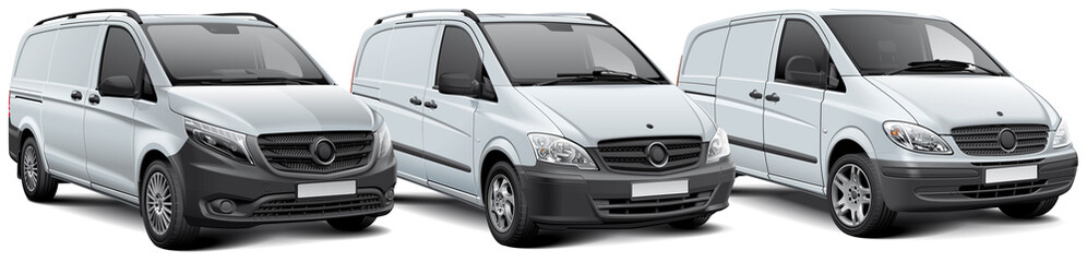 Three white cargo panel vans