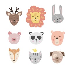 Vector set with cute animal. Bunny, bear, lion, pig, deer, Fox, cat, Panda and dog.