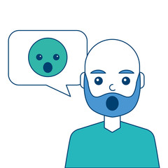 man with surprised emoticon in speech bubble vector illustration blue and green design
