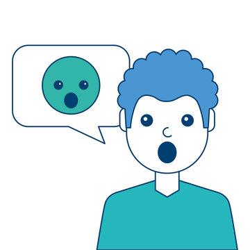 man with surprised emoticon in speech bubble vector illustration blue and green design