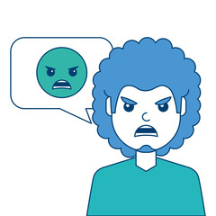 man with angry emoticon in speech bubble vector illustration blue and green design