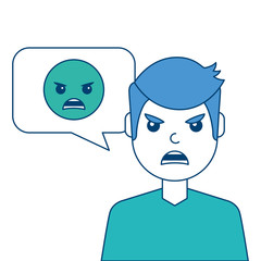 man with angry emoticon in speech bubble vector illustration blue and green design