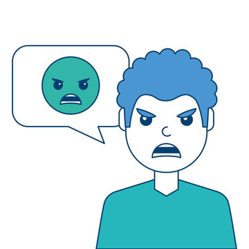 man with angry emoticon in speech bubble vector illustration blue and green design