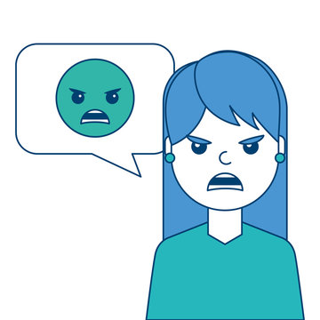 young woman with angry emoticon in speech bubble vector illustration blue and green design