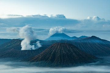 Mount Bromo volcano (Gunung Bromo) before sunrise from viewpoint on Mount Penanjakan in Bromo Tengger Semeru National Park, East Java, Indonesia.