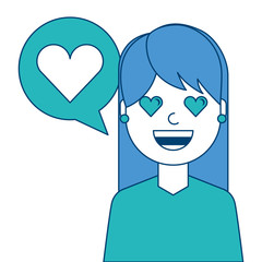 young woman with love heart in speech bubble vector illustration blue and green design