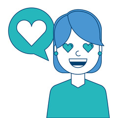 young woman with love heart in speech bubble vector illustration blue and green design
