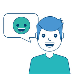 man with smile emoticon in speech bubble vector illustration blue and green design