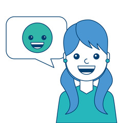 Obraz premium young woman with smile emoticon in speech bubble vector illustration blue and green design