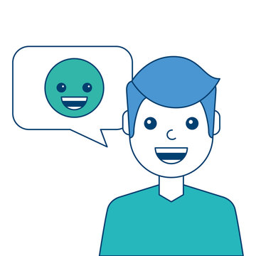 man with smile emoticon in speech bubble vector illustration blue and green design