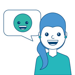 young woman with smile emoticon in speech bubble vector illustration blue and green design